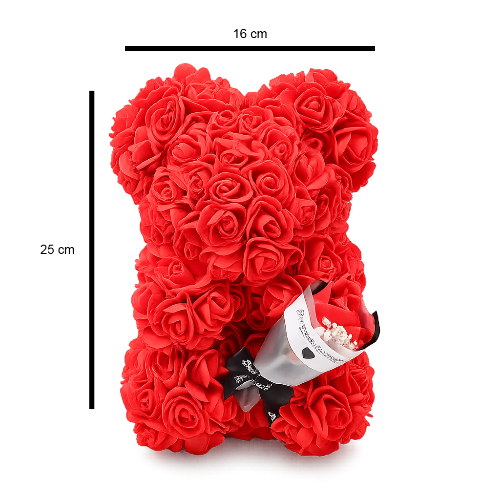 Raudono meškiuko iš rožių išmatavimai