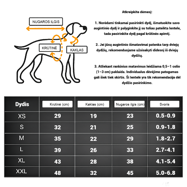 Šuns megztinio išmatavimai