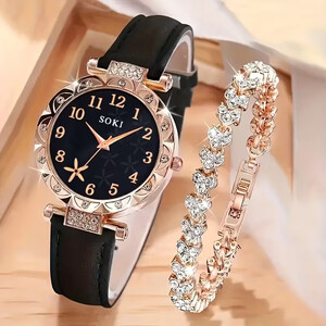 Moteriškas kvarcinis laikrodis su apyranke – elegantiškas 2 dalių rinkinys