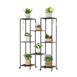 Minimalistinis metalinis augalų stovas – 8 lentynų su ratukais
