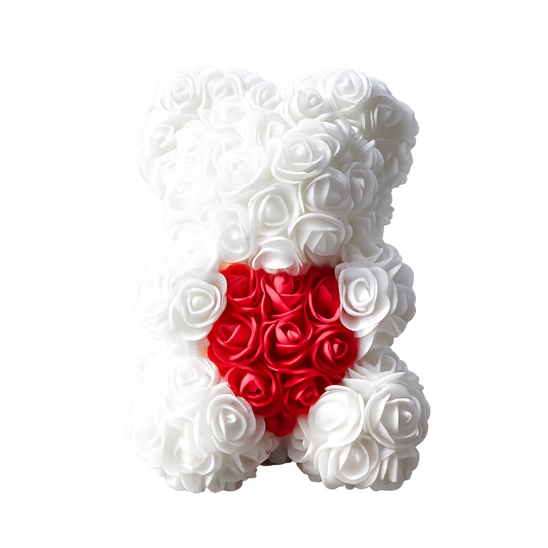 Baltas dirbtinių rožių meškiukas su raudona širdimi