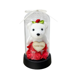 Baltas meškiukas po skaidriu plastmasiniu gaubtu su raudonomis imituotomis rožėmis ir užrašu „I love You“
