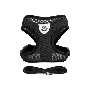Reguliuojamas šuns pavadėlis su petnešomis (liemenė), juodos spalvos