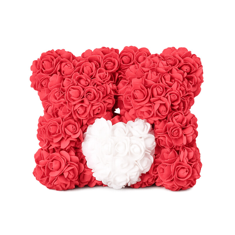2 raudoni meškiukai iš rožių, apkabinantys baltą širdelę