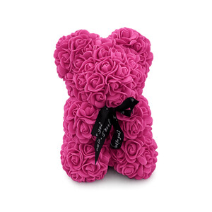 Rožinis meškiukas iš dirbtinių rožių su juodu kaspinėliu