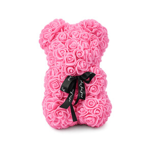 Šviesiai rožinis meškiukas iš dirbtinių rožių su juodu kaspinėliu